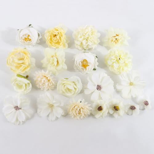 20 Stücke Kunstblumen Köpfe 2-5cm Verschiedene Sorten, Künstlich Deko Blumen, Klein Fake blütenköpfe künstlich, Dekoblumen, Kunstblumen zum DIY Basteln, Tortendeko, Hochzeit Deko (Weiß)