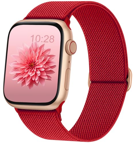 AMSKY Elastisch Solo Loop Band Kompatibel mit Apple Watch Armband 40mm 45mm 44mm 46mm 42mm 41mm 38mm 49mm Damen Herren, Textil Stoff für iWatch Armband Se Ultra Series 10 9 8 7 6 5 4 3 2 1, Rot
