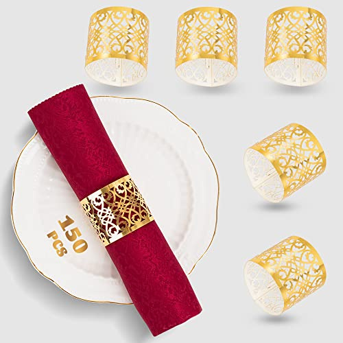 Pack of 150 Premium Laser Cut Foil Napkin Rings, Paper Napkin Holders for Wedding, Party, Dinner, Table Decoration, Special Occasions and Catering Services (Gold)