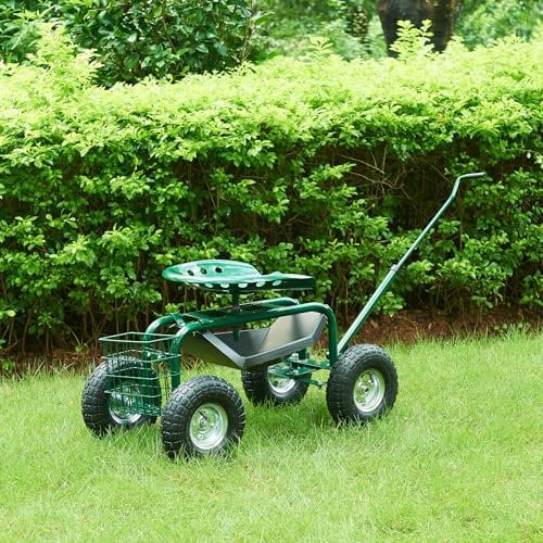 pro.tec Garten Rollsitz Casarano Gartensitz mit Rollen 81 x 45 cm Grün/Schwarz/Silber verstellbar Rollhocker Gartenwagen Metall Gartensitz fahrbar