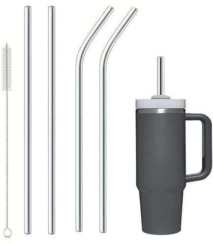 4 Pcs Replacement Straw for Stanley Cup 40oz, Long Metal Straw for Stanley Adventure Travel Tumbler, Reusable Stainless Steel Straws with Cleaning Brush for Fruit Drink, Milkshake, Cold Drinks