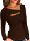 TrendiMax Womens Long Sleeve Tops Sexy Cutout Neck Ribbed Knit Shirt Slim Fit Fleeced Blouse T Shirts Dark Brown