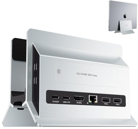 PULWTOP Macbook Station d'accuei, Verticale USB C HUB avec boîtier SSD M.2 NVMe(SSD Non Inclus), 4 K@60 Hz, 2 Ports USB C10 Gbit/s, Dock USB C Compatible avec MacBook, Mac Mini and Laptops, Argent