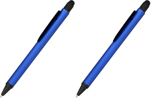Online Kugelschreiber Alu Stylus Blau, Druckkugelschreiber aus Aluminium, auswechselbare Großraum-Mine, Schreibfarbe schwarz, mit Softtouch Feeling, Stift mit Touchpen, 1 Stück (Packung mit 2)