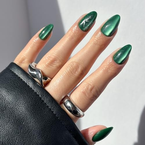 Harry Potter™ x Glamnetic Press On Nails - Slytherin™ | Velvet Green Snake Serpent Graphic Short Almond False Nails, Reusable Stick On Fake Nails with Glue | Salon Quality | 15 Sizes - 30 Nail Kit
