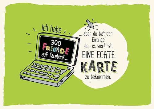 Gutsch Verlag Postkarten Freundschaft witzige Grußkarte mit Laptop und Spruch für echte Freunde originelles Design auf grünem Hintergrund ideal für humorvolle Grüße an besondere Menschen