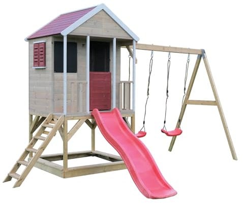 Wendi Toys M29 Stelzenhaus mit Rutsche und Doppelschaukel, Spielhaus aus FSC-Holz für Kinder Outdoor Garten, Podest 90 cm, 290×405×242 cm, mit 175 cm Rutsche, Sandkasten, wetterfest, Rot
