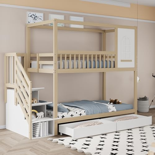 Huayz Letto a castello 90 x 200 cm, letto matrimoniale in legno massello, a forma di casa con finestre, design di recinzione di sicurezza, con cassetti e scala di sicurezza, per adolescenti (legno