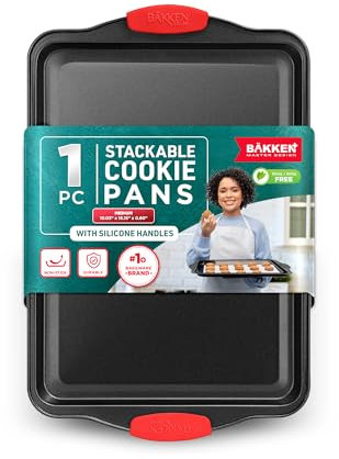 BAKKEN - Moldes para hornear de cocina, 15.15 x 10.03 pulgadas, bandeja antiadherente mediana de acero al carbono duradera con asas de silicona roja, libre de PFOA, PFOS, PTFE, bandeja apta para horno