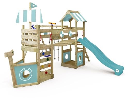 WICKEY Spielturm Klettergerüst StormFlyer mit Schaukel & Rutsche, Outdoor Kinder Kletterturm mit Sandkasten, Leiter & Spiel-Zubehör für den Garten (Pastellblau)