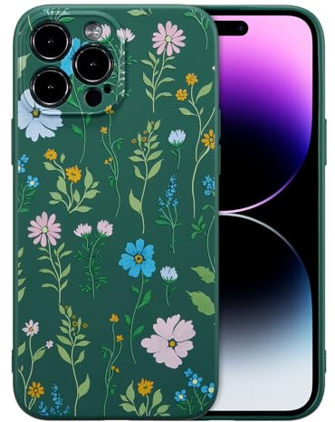 RALEAVO Case for iPhone 14 Pro Max, Cute Silicone Cover, Dark Green/Cosmos | For iPhone 14 Pro Max Liquid Silicone Phone Case, for Girls Women Aesthetic Flowers Shockproof Protective Soft Cover