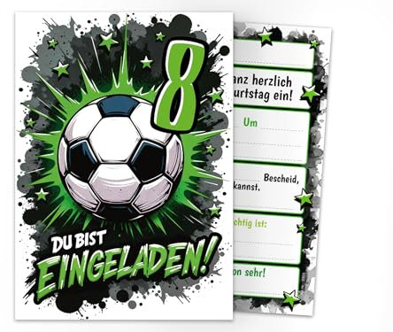 Junaversum 12 Einladungskarten zum 8. Kindergeburtstag Jungen Fußball Fussball Kinder coole bunte Einladungen achte Geburtstag Geburtstagseinladungen Kids
