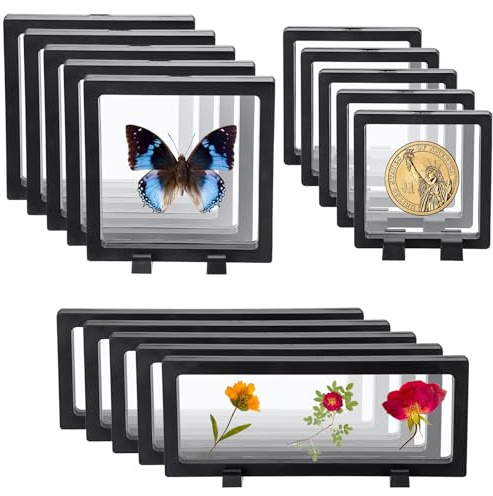 SUMTree 15 Stück 3D Schweberahmen Schwarz Floating Display Case Transparent Münzrahmen mit Basis, Schwimmende Vitrine für Medaillen, Muscheln, Fossilien, Ring, Ohrring, Armband, Halskette (3 Größen)