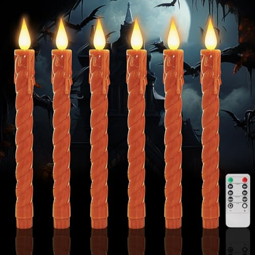 Halloween Deko LED Stabkerzen mit Timerfunktion, Halloween Flammenlose LED Kerzen mit Fernbedienung, Halloween Deko Innen Flackernde Flamme Kerzen Batteriebetriebene für Tisch, Party Deko (Orange)