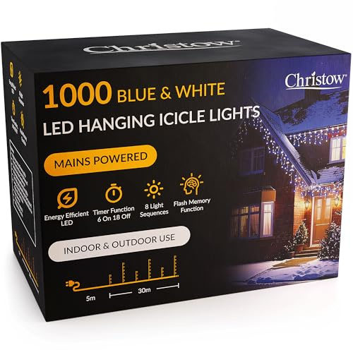 CHRISTOW Hanging Icicle Christmas Lights, 1000 Blue & White LED, 30m Lit Length, Indoor & Outdoor, Mains Powered with Timer, 8 Flash Lighting Modes with Memory, Fairy String Light Xmas Decorations
