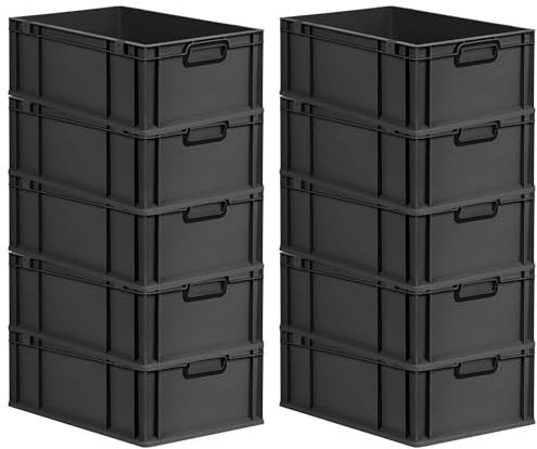 PROREGAL SparSet 10x Eurobox NextGen Color | HxBxT 22x40x60cm | 44 Liter | Griffe schwarz geschlossen | Verstärkter Boden | Schwarz | Eurobehälter, Transportbox, Transportbehälter, Stapelbehälter