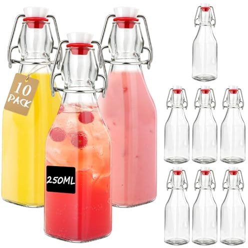 Otauoaea 250ML Botellas Cristal con Tapón Hermético, 10PCS Botella de Cristal Transparente Hermética Botellitas Pequeñas para Rellenar Reutilizables para Jugos, Aceites, Licores y Salsas