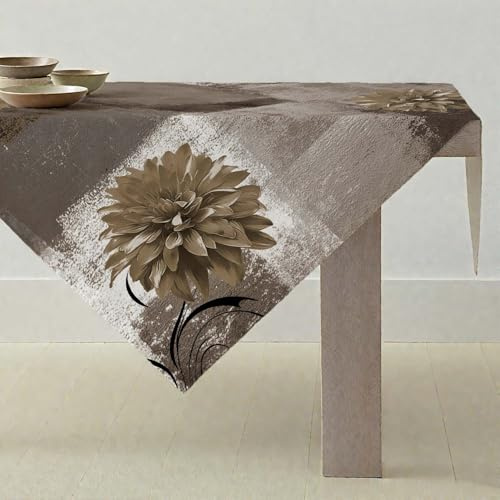 ViaElayu Tischdecke Braun Grau Retro Mitteldecke mit Blume Bauernhaus Tischdekoration Rustikales Ölgemälde Abwaschbar Klein Tischdecke Akzenttisch Dekoratives 100x100cm Tablecloth für Küche Urlaub