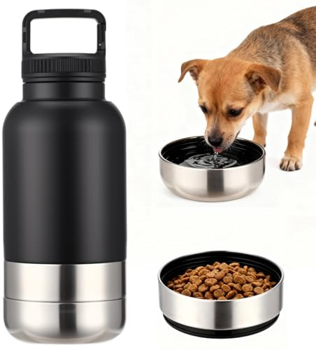 3-in-1 Dog Water Bottle, 35 oz / 1000 ml, with 2 Detachable Bowls, Stainless Steel Insulated, Multifunctional Pet Travel Bowl for Outdoor Hiking Walking