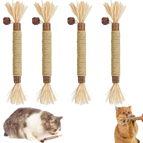 Bastoncini Matatabi per Gatti 4 Pezzi – Giocattolo Naturale con Erba Gatta Silvervine, Bastoni da Masticare per Cura Dentale e Riduce i Boli di Pelo, Gioco Interattivo Sicuro per Gatti di Tutte le Età