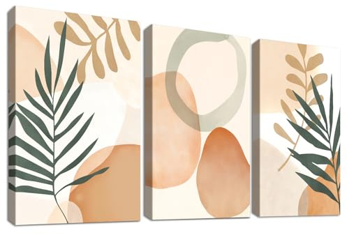 Set of 3 Aquarellgelbe Kreise Grünen Blättern Leinwand Bilder Mit Rahmen Minimalistische Geometrische Botanik Bild auf Leinwand Malerei Wandbilder Wohnzimmer Schlafzimmer Wanddeko 50x70cm x 3pcs