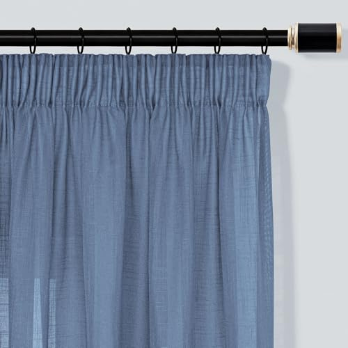 VIVICOZY Gardine mit Kräuselband Schlaufenschal Vorhang 2er Set Gardine Halbtransparent Leinenoptik Curtains, H 245 x B 140 cm, Smogblau