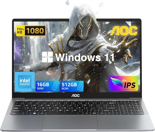 AOC Laptop Computer 15,6 Zoll FHD Bildschirm Laptop mit N95 Prozessor (bis zu 3,4 GHz) 16 GB RAM 512 GB SSD Gaming Laptops Windows 11 Laptop Computer, leicht und dünn, Metallgehäuse, Webcam, Typ-C