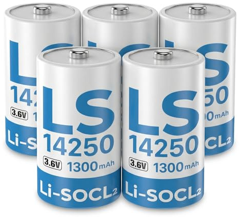 Pack of 5 LS14250 3.6V 1/2AA 1300mAh Lithium Batteries, Non-Rechargeable ER14250 Batteries for Water Meters, Electricity Meters, Medical Instruments and Devices etc