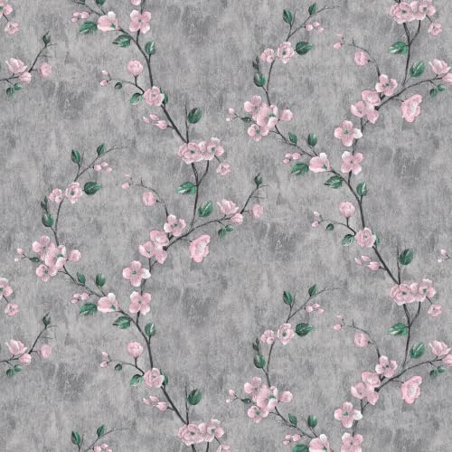 MOBAILUYI Self Adhesive Wallpaper Grey Vinyl Wrap for Kitchen Cupboards 44cm X 305cm Sticky Back Plastic Roll,Floral Vintage Removable Peel and Stick Wallpaper for Living Room Bedroom Bathroom