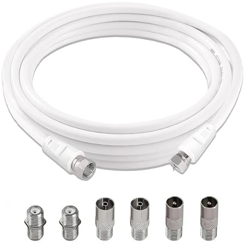 AmiCera Coaxial TV Aerial Cable, TV Ariel Extension Cable with F Male to Female Aerial Connectors 6 Plugs Adapters for Freeview TV Satellite Digital Router, Antenna RF RG6 Lead 2M White