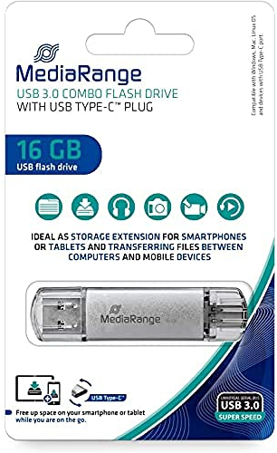 MediaRange USB 3.1 und TypeC Speicherstick 16GB - Combo Flash-Laufwerk mit Schutzkappen, externe Speichererweiterung mit Lesegeschwindigkeit von bis zu 60 MB/s, Farbe Silber