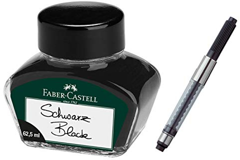 Faber-Castell Tintenglas für Schreibgeräte mit Konverter (Schwarz + Konverter, Tintenfass 62,5 ml)