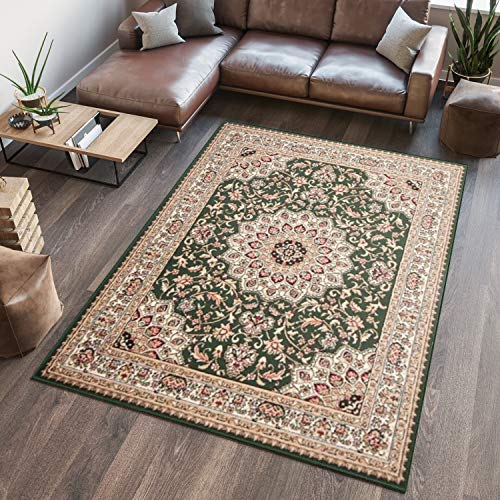 TAPISO Atlas Teppich Kurzflor Grün Beige Rot Klassischer Orientteppich Ornament Floral Mäander Vintage Wohnzimmer Schlafzimmer ÖKOTEX 160 x 230 cm