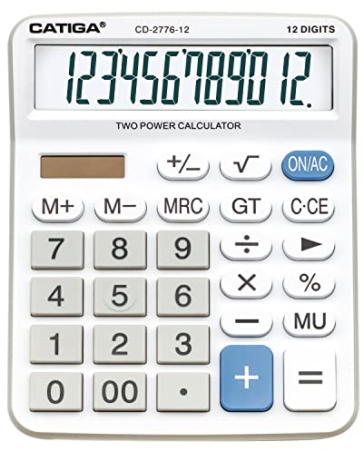 CD-2776 Grande calculatrice de bureau commerciale à 12 chiffres avec grand écran LCD de 12,7 cm, boutons réactifs géants, fonctionne à piles et à énergie solaire, parfaite pour la maison/le bureau, la