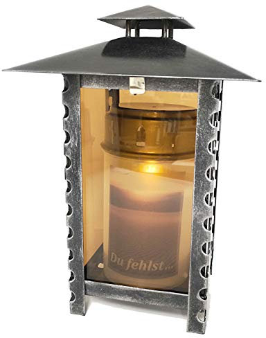 Grablaterne aus Stahl eckig mit Parsolglas und Lochmuster in den Streben inkl. LED-Kerze 21 cm (Aluminium)