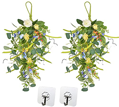 ZHIPANG Künstliche Pfingstrosen und Eukalyptusblätter, Wandbehang mit Blumen, grüne Blätter, Beeren, Frühlingssommer-Blumengirlande für Zuhause, Haustür, Fenster, Festival, Feier, 2 Stück