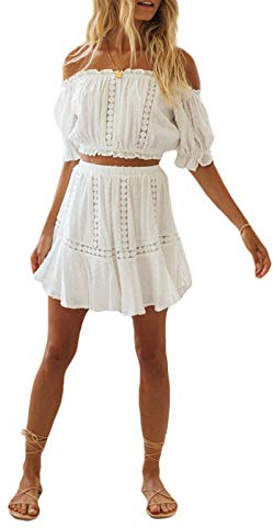 SKZZVI Outfit Damen Set Kleidung Sommer Damen Outfit Set Sommer Oberteile Damen Schulterfrei Crop Top Und Rock Damen Sommer Set (Weiß, M)