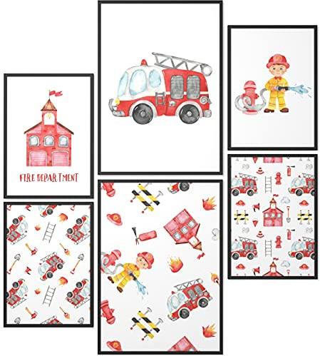 Papierschmiede® Bilder Kinderzimmer Kids Mood Poster Set Feuerwehr, Kinderzimmer Bilder Babyzimmer Deko, 2x DIN A2 und 4x DIN A3, Feuerwehrauto Löschen - Kinderposter ohne Rahmen