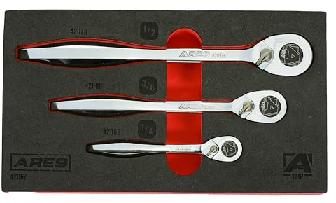 ARES 42067 - 120 Zähne Ratschensatz - 1/4 Zoll, 3/8 Zoll und 1/2 Zoll Antrieb - 3 Grad Schwenkbogen - Umschaltknarre - Ergonomischer Griff und professionelle Getriebekonstruktion