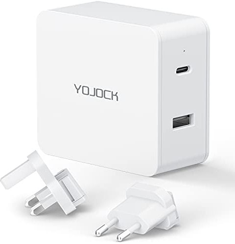 YOJOCK USB C Wall Fast Charger Dual Ports 45W Power Delivery Quick Charging Mains PD Type C Adapter Plug Compatible with iPhone 13/12/Pro/11/XS/XR/X/8, Samsung Galaxy S22 S21 S20, Laptop (57W, White)