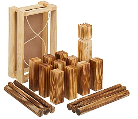Relaxdays Wikingerspiel, Wurfspiel aus Holz, Garten, 21 Spielfiguren, Kinder & Erwachsene, Campingspiel mit Kiste, braun