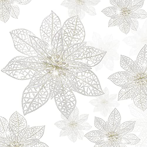 24 Stücke Glitzer Weihnachtsstern Weihnachtsbaum Ornament Weihnachten Blumen Dekor Ornament, 3/4/6 Zoll (Weiß)