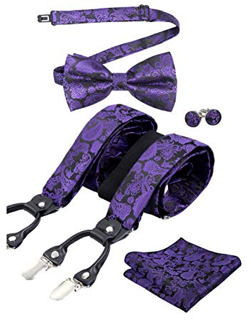Alizeal Herren Paisley Muster Fliege und Hosenträger, Einstecktuch, Manschettenknöpfe Set-Dunkelviolett