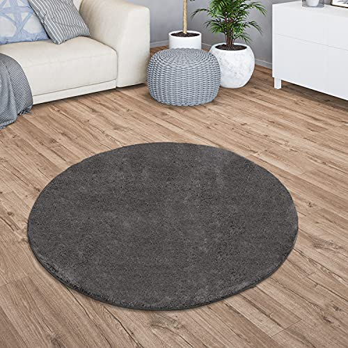 TT Home Teppich Wohnzimmer Kurzflor Anti-Rutsch Rückseite Einfarbiges Design Waschbar, Farbe:Anthrazit, Größe:80 cm Rund