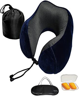 NavoX Reisekissen – Nackenkissen aus Memory-Schaum, für Reisen mit Schlafmaske/Ohrstöpsel/Tasche, Nackenstützkissen, Schnellpackung, leicht, für Camping, Auto, Büro, Blau