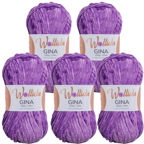 Wollidu Gina Chenille Garn zum Stricken und Häkeln 5 x 100g/120m Set 100% Polyester - Lila