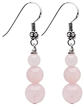 Boucles d'oreilles en perles de pierre naturelle triple faites à la main avec crochets en argent sterling - Idées cadeaux pour les femmes (Rose Quartz)