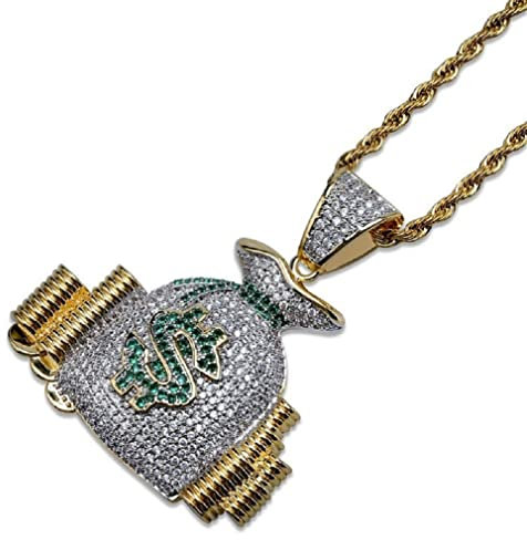 Dollar Sign Necklace for Men, Dollar Sign Money Bag Pendant Necklace with 22.8” Chain, Hip Hop Dollar Symbol Necklace, Punk Rock Necklace for Rapper, Dollar Keepsake Jewelry Gift for Men Boys