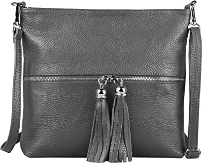 OBC Made in Italy Damen Leder Tasche Bodybag Schultertasche Crossover Umhängetasche Handtasche Ledertasche Damentasche Crossbody Dunkelgrau
