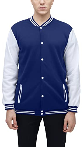 BAICAIYU Herren-Baseballjacke mit Kapuze, Knopfverschluss, modischer Lederärmel, Letterman-Bomber-Top, Marineblau, XX-Small